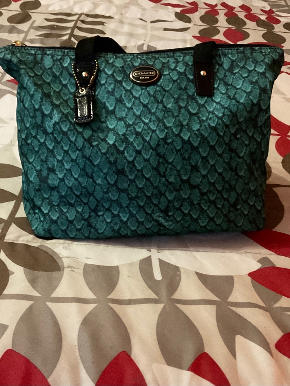 Coach Teal Patterned Tote with Black Leather Straps